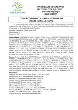 COMMUNAUTE DE COMMUNES LES VOSGES COTE SUD OUEST 43 Rue De La République 88260 DARNEY CONSEIL COMMUNAUTAIRE DU 11 DECEMBRE