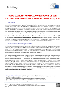 SOCIAL, ECONOMIC and LEGAL CONSEQUENCES of UBER and SIMILAR TRANSPORTATION NETWORK COMPANIES (Tncs)