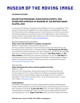 Major Film Programs, Highlighted Events, and Exhibition Overview at Museum of the Moving Image in April 2019