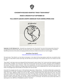 Echosmith Releases Heartfelt Track “Dear World” Inside a Dream Ep out September 29 Full-Length Album & North American