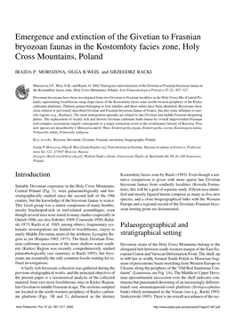 Emergence and Extinction of the Givetian to Frasnian Bryozoan Faunas in the Kostomłoty Facies Zone, Holy Cross Mountains, Poland