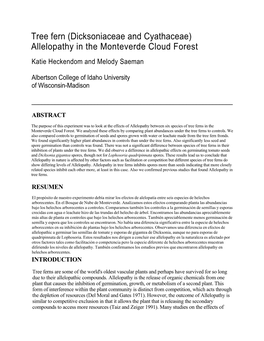 Tree Fern (Dicksoniaceae and Cyathaceae) Allelopathy in the Monteverde Cloud Forest Katie Heckendom and Melody Saeman