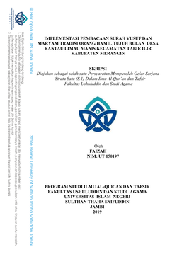 Implementasi Pembacaan Surah Yusuf Dan Maryam Tradisi Orang Hamil Tujuh Bulan Desa Rantau Limau Manis Kecamatan Tabir Ilir Kabupaten Merangin