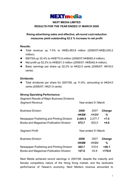 Results for the Year Ended 31 March 2008