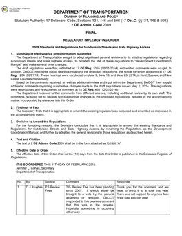 DEPARTMENT of TRANSPORTATION DIVISION of PLANNING and POLICY Statutory Authority: 17 Delaware Code, Sections 131, 146 and 508 (17 Del.C