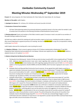 Llanbadoc Community Council Meeting Minutes Wednesday 4Th September 2019