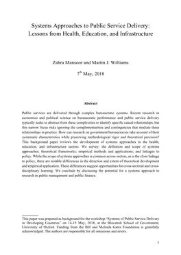 Systems Approaches to Public Service Delivery: Lessons from Health, Education, and Infrastructure