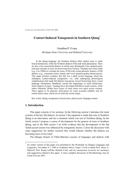 Contact-Induced Tonogenesis in Southern Qiang*