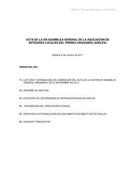 Acta De La Xiii Asamblea General De La Asociación De Entidades Locales Del Pirineo Aragonés (Adelpa)