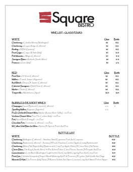 Wine List – Glass Pours