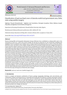 Classification of Land Use/Land Cover of Aniocha North Local Government Area, Delta State Using Satellite Imagery