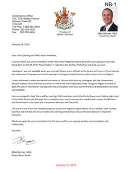 January 28, 2019 – Mike Bernier, MLA, Peace River South