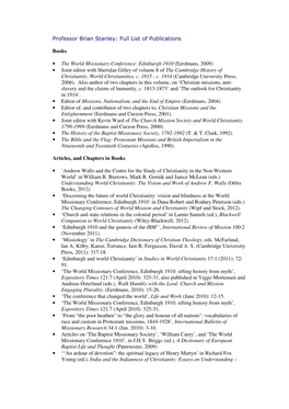 Professor Brian Stanley: Full List of Publications