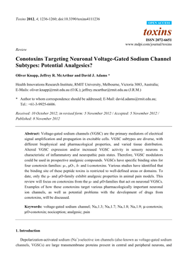 Conotoxins Targeting Neuronal Voltage-Gated Sodium Channel Subtypes: Potential Analgesics?