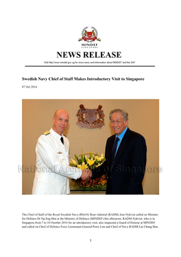 Swedish Navy Chief of Staff Makes Introductory Visit to Singapore