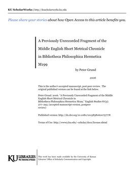 A Previously Unrecorded Fragment of the Middle English Short Metrical Chronicle in Bibliotheca Philosophica Hermetica M199.” English Studies 87(3): 277–293
