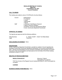 REGULAR MEETING of COUNCIL MINUTES 8:00 PM March 20, 2007 Council Chambers