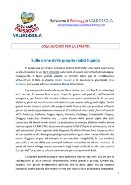 Salviamo Il Paesaggio VALDOSSOLA Sulle Orme Delle Proprie Radici Liquide