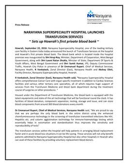 NARAYANA SUPERSPECIALITY HOSPITAL LAUNCHES TRANSFUSION SERVICES ~ Sets up Howrah's First Private Blood Bank