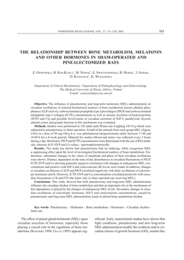 The Relationship Between Bone Metabolism, Melatonin and Other Hormones in Sham-Operated and Pinealectomized Rats