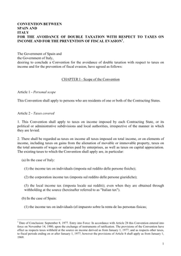 Convention Between Spain and Italy for the Avoidance of Double Taxation with Respect to Taxes on Income and for the Prevention of Fiscal Evasion1