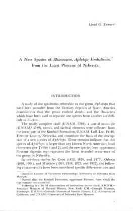 Anew Species of Rhinoceros, Aphelops Ki11lbal1e1'ljis, Z from the Latest Pliocene of Nebraska