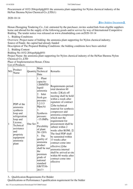 Procurement of 1032-204Zpzbjdgj8/01 the Ammonia Plant Supporting for Nylon Chemical Industry of the Henan Shenma Nylon Chemical Co.,LTD(1)