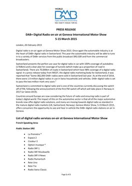 PRESS RELEASE DAB+ Digital Radio On-Air at Geneva International Motor Show 5-15 March 2015