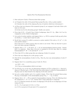 Algebra First Year Examination Exercises 1. State and Prove