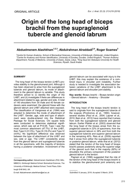 Origin of the Long Head of Biceps Brachii from the Supraglenoid Tubercle and Glenoid Labrum