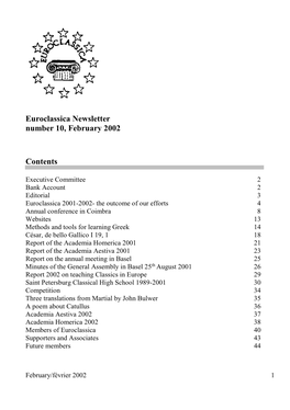 Euroclassica Newsletter Number 10, February 2002 Contents