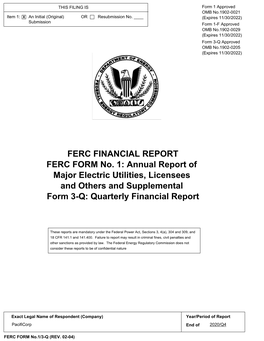 FERC FINANCIAL REPORT FERC FORM No. 1: Annual Report of Major Electric Utilities, Licensees and Others and Supplemental Form 3-Q: Quarterly Financial Report