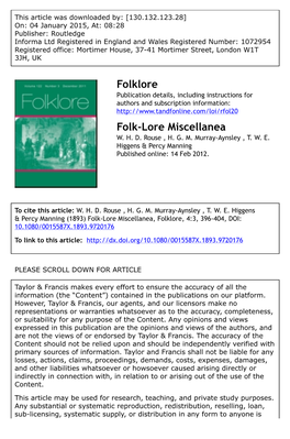 Folklore Folk-Lore Miscellanea