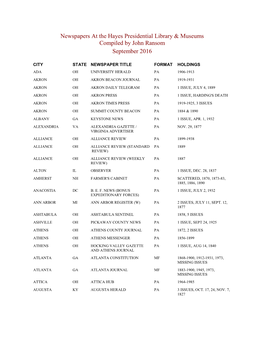 Newspapers at the Hayes Presidential Library & Museums Compiled by John Ransom September 2016