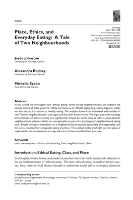 Place, Ethics, and Everyday Eating: a Tale of Two Neighbourhoods