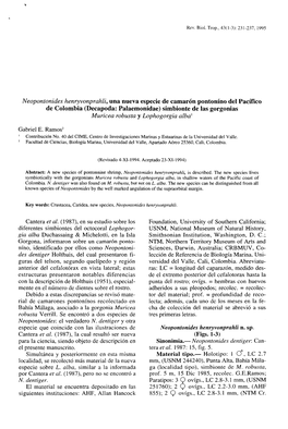 Neopontonides Henryvonprahli, Una Nueva Especie De Camarón Pontoníno Del Pacífico De Colombia (Decapoda: Palaemonidae) Simbio