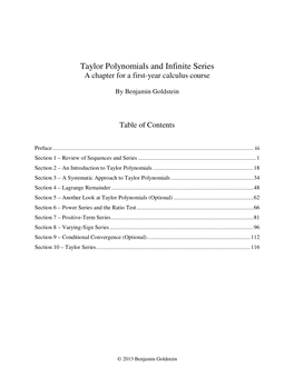 Taylor Polynomials and Infinite Series a Chapter for a First-Year Calculus Course