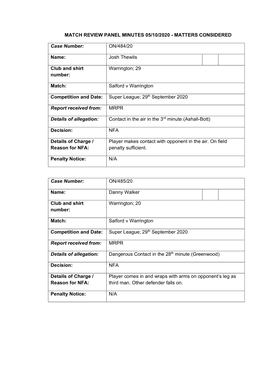 Match Review Panel Minutes 05/10/2020 - Matters Considered