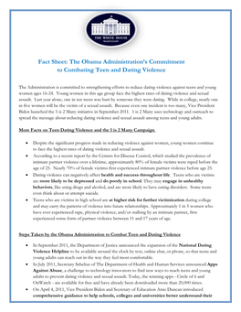 Fact Sheet: the Obama Administration’S Commitment to Combating Teen and Dating Violence