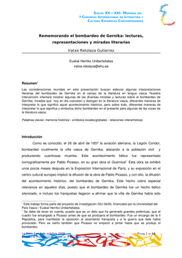 Rememorando El Bombardeo De Gernika: Lecturas, Representaciones Y Miradas Literarias