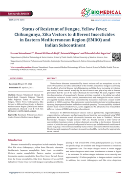 Status of Resistant of Dengue, Yellow Fever, Chikungunya, Zika Vectors to Different Insecticides in Eastern Mediterranean Region (EMRO) and Indian Subcontinent