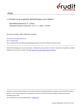 L'évolution Du Lac Proglaciaire Memphrémagog, Sud Du Québec