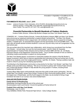 Powerful Partnership to Benefit Hundreds of Yonkers Students Yonkers Public Schools, Yonkers My Brother’S Keeper and New York Streets Team Up