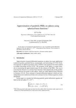 Approximation of Parabolic Pdes on Spheres Using Spherical Basis Functions ∗