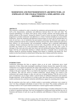 Modernism and Postmodernism in Architecture, an Emphasis on the Characteristics, Similarities and Differences