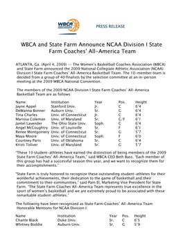 WBCA and State Farm Announce NCAA Division I State Farm Coaches' All-America Team