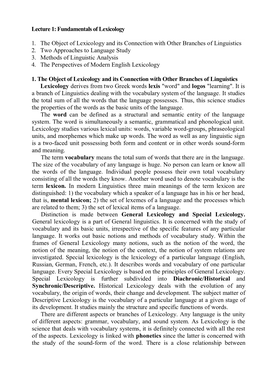 Lecture 1: Fundamentals of Lexicology 1. the Object of Lexicology and Its Connection with Other Branches of Linguistics 2. Two A