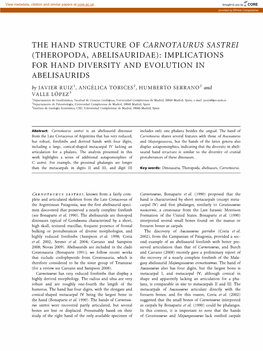 The Hand Structure of Carnotaurus Sastrei (Theropoda, Abelisauridae): Implications for Hand Diversity and Evolution in Abelisaurids