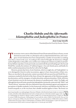 Charlie Hebdo and the Aftermath: Islamophobia and Judeophobia in France Jean-Loup Amselle Translated from the French by Dominic Thomas