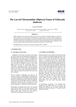 The Larval Chironomidae (Diptera) Fauna of Gökçeada (Imbroz)